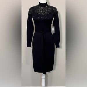 Vince Camuto NWT Black Sequin Long Sleeve Dress with Belt Size XS